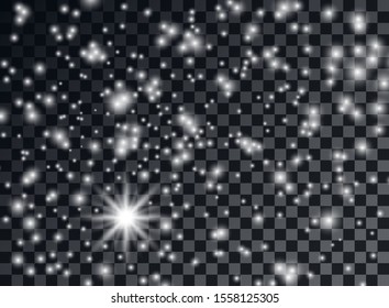 White flashes, sparks, stars. Vector Christmas abstract decor, pattern. Sparkling magic motes. Isolated background.