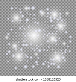 White flashes, sparks, stars. Vector Christmas abstract decor, pattern. Sparkling magic motes. Isolated background.