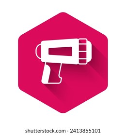 White Flashlight for diver icon isolated with long shadow background. Diving underwater equipment. Pink hexagon button. Vector