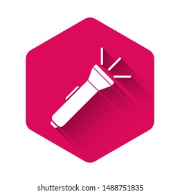 White Flashlight icon isolated with long shadow. Pink hexagon button. Vector Illustration