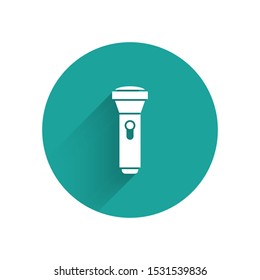 White Flashlight icon isolated with long shadow. Green circle button. Vector Illustration