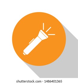 White Flashlight icon isolated on white background. Orange circle button. Vector Illustration