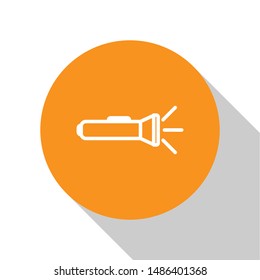 White Flashlight icon isolated on white background. Orange circle button. Vector Illustration