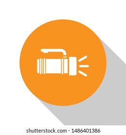 White Flashlight icon isolated on white background. Tourist flashlight handle. Orange circle button. Vector Illustration