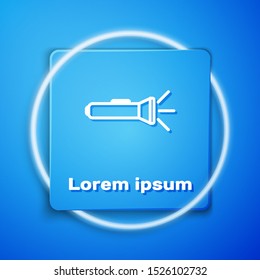 White Flashlight icon isolated on blue background. Blue square button. Vector Illustration