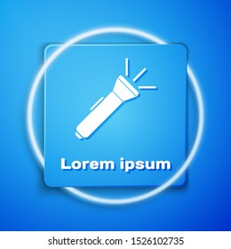 White Flashlight icon isolated on blue background. Blue square button. Vector Illustration