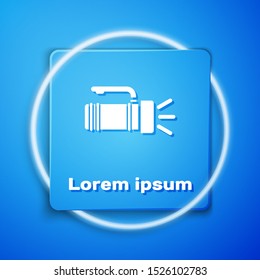 White Flashlight icon isolated on blue background. Tourist flashlight handle. Blue square button. Vector Illustration