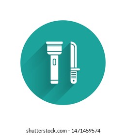 White Flashlight and knife icon isolated with long shadow. Green circle button. Vector Illustration