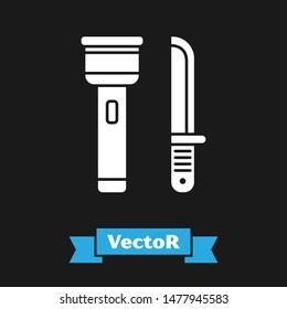 White Flashlight and knife icon isolated on black background.  Vector Illustration