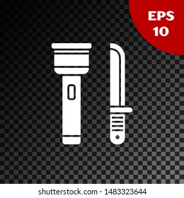 White Flashlight and knife icon isolated on transparent dark background.  Vector Illustration