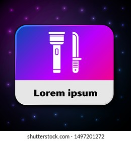 White Flashlight and knife icon isolated on black background. Rectangle color button. Vector Illustration