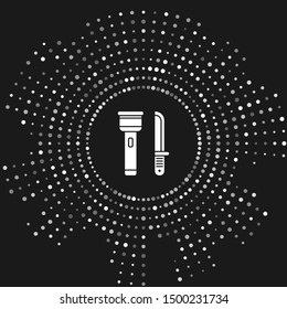 White Flashlight and knife icon isolated on grey background. Abstract circle random dots. Vector Illustration
