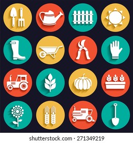 White flat agriculture, farm and garden icons set 