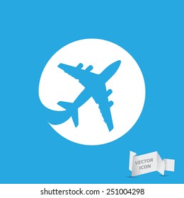 white flat airplane pictogram on a blue background