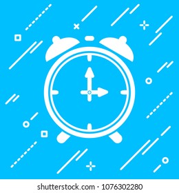 white flat alarm clock icon on blue background