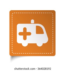 White flat Ambulance icon on orange sticker