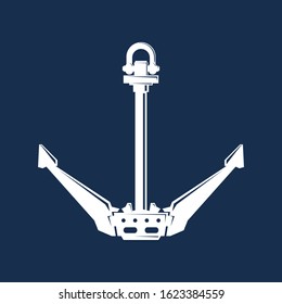 White flat anchor isolated on a blue background, silhouette marine equipment, travel and tourism concept, vector illustration