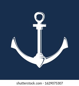 White flat anchor isolated on a blue background, silhouette marine equipment, travel and tourism concept, vector illustration