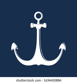 White flat anchor isolated on a blue background, silhouette marine equipment, travel and tourism concept, vector illustration