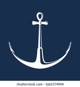 White flat anchor isolated on a blue background, silhouette marine equipment, travel and tourism concept, vector illustration