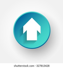 White flat arrow sign with shadow on blue circle