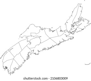 White flat blank vector administrative map of the counties of Canadian province of NOVA SCOTIA, CANADA with black border lines of its counties