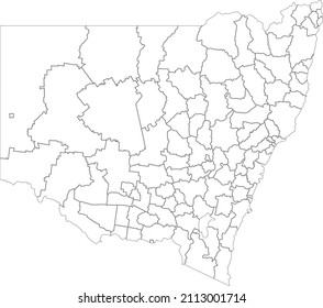 White flat blank vector administrative map of the local government areas of Australian state of NEW SOUTH WALES, AUSTRALIA with black border lines of its areas