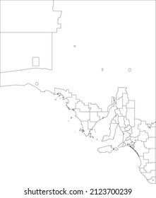 White flat blank vector administrative map of local government areas of the Australian state of SOUTH AUSTRALIA with black border lines of its areas