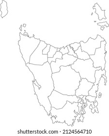 White flat blank vector administrative map of local government areas of the Australian state of TASMANIA, AUSTRALIA with black border lines of its areas