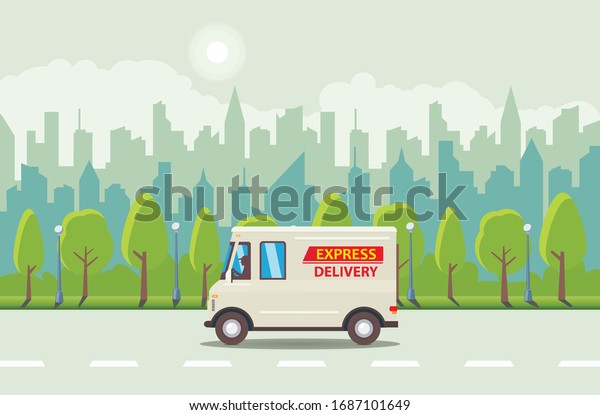 White flat cartoon delivery van on the road\
and blue city at background with green trees. Delivery service flat\
concept. Product goods shipping transport. Fast express truck.\
Vector illustration.