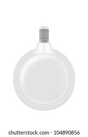 white flat circular dish for heating, with a dark plastic handle on the white background
