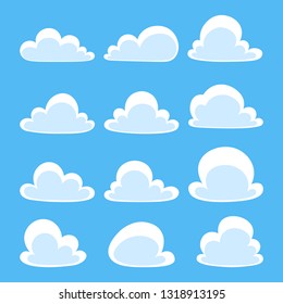 White flat clouds set in the blue sky background. Vector Illustration.