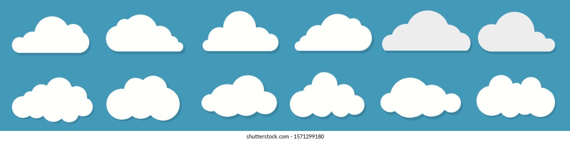 White flat clouds set on the blue background. Vector collection.