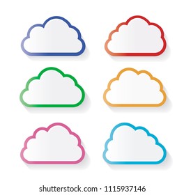 White Flat Clouds with Shadow and Various Color Outline. Blue, Red, Yellow, Green and Pink Outlines. Abstract Vector Illustration. White Background. Flat Lay Style.
