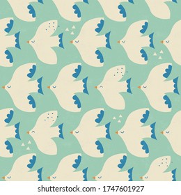 White flat design flock of serene flying birds with blue tails pattern on mint green background