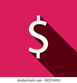 White flat Dollar icon with long shadow. Vector illustration, EPS 10
