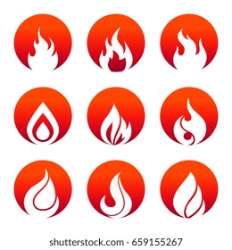 White flat fire icons in red rounds design. Collection of flame sings. Vector illustration