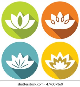 White flat flowers with long dark shadow. Floral blossom in circle, vector illustration