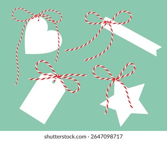 White flat Gift Tag with Ribbon Bow Isolated on green Background. Blank Christmas New Year label for present tied up with cotton red rope bakers twine. Vector illustration EPS10