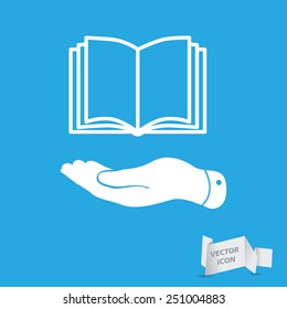 white flat hand giving the book icon - vector illustration