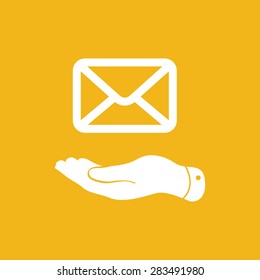 white flat hand giving the mail icon on the yellow background
