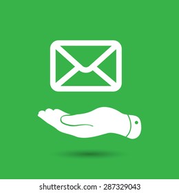white flat hand giving the mail icon on the green background