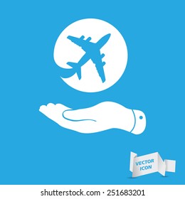 white flat hand showing airplane icon on a blue background