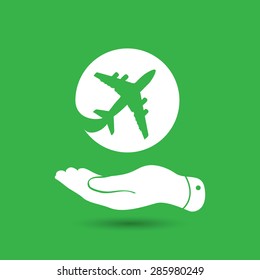 white flat hand showing airplane icon on the green background