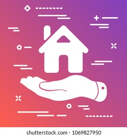 white flat hand showing the icon of home on the modern colorful gradient background