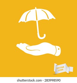 white flat hand with umbrella icon on an yellow background