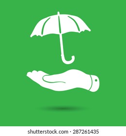 white flat hand with umbrella icon on a green background