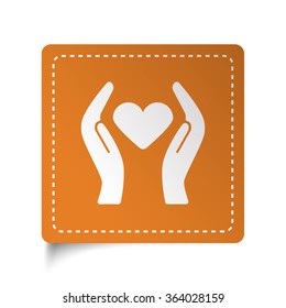 White flat Heart care icon on orange sticker