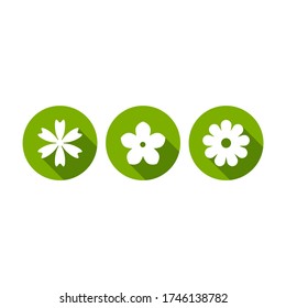 White flat icon of flower with shadow in green circle. Bloom set isolated on white. Vector illustration. Eco style. Nature flower  symbol.