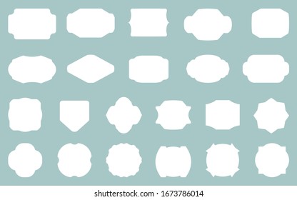 Weißes, flaches Retro-Vintage-Set. Unterschiedliche Form leere Rand-Tag-Menü-Verkaufspreis. Blank Template Rahmen für Kartentext-Banner, Hochzeitseinladung. Klassischer einfacher Aufkleber einzeln auf Vektorillustration